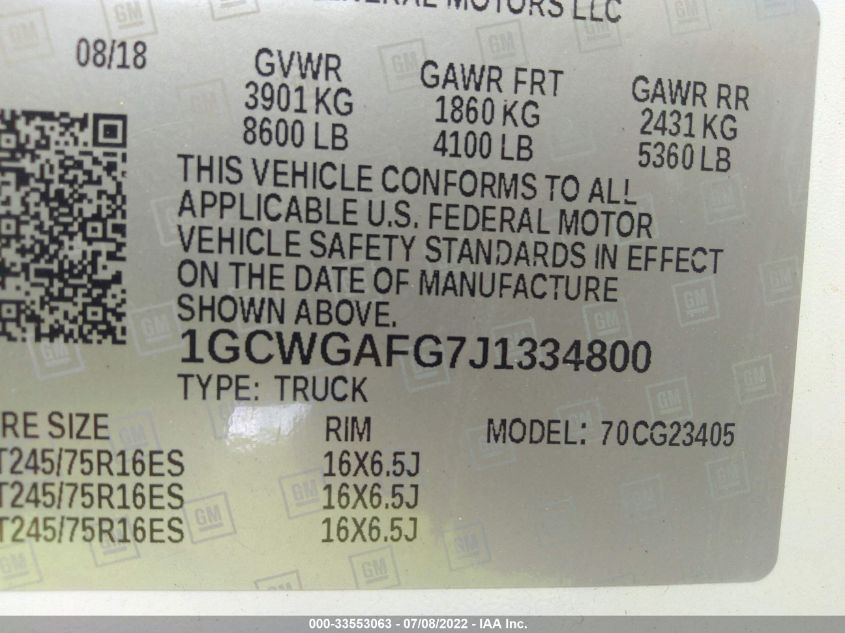 2018 CHEVROLET EXPRESS CARGO VAN 1GCWGAFG7J1334800