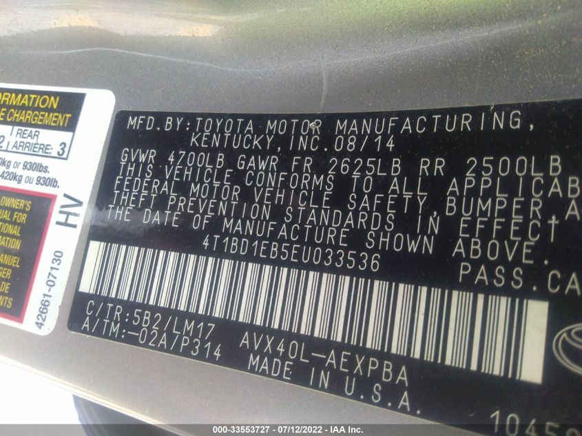 2014 TOYOTA AVALON HYBRID LIMITED/XLE TOURING 4T1BD1EB5EU033536