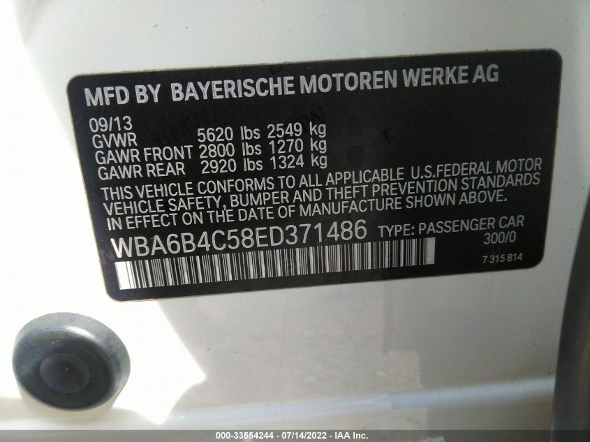 2014 BMW 6 SERIES 650I XDRIVE WBA6B4C58ED371486