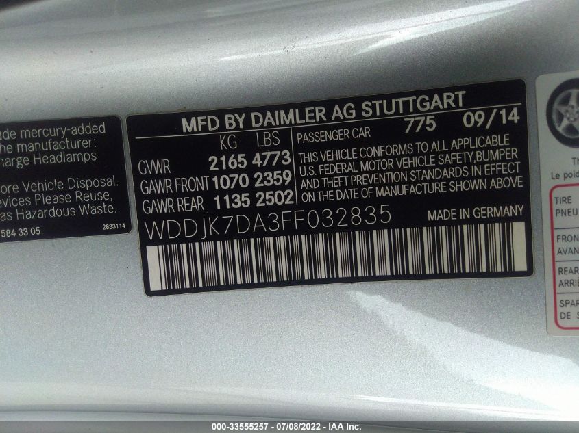 2015 MERCEDES-BENZ SL-CLASS SL 550 WDDJK7DA3FF032835