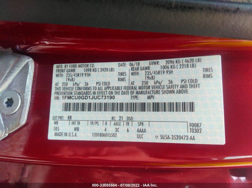 2018 FORD ESCAPE SE 1FMCU0GD1JUC73190