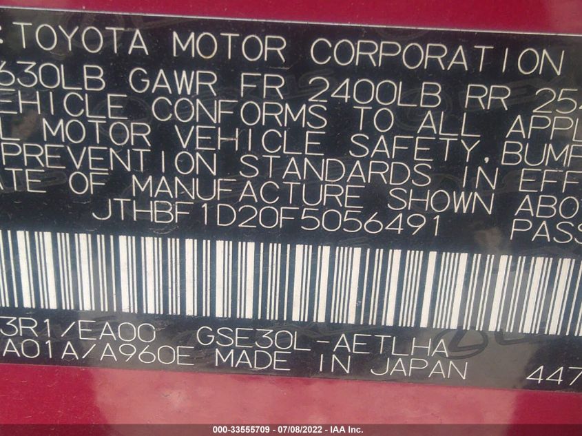 2015 LEXUS IS 250 250 JTHBF1D20F5056491
