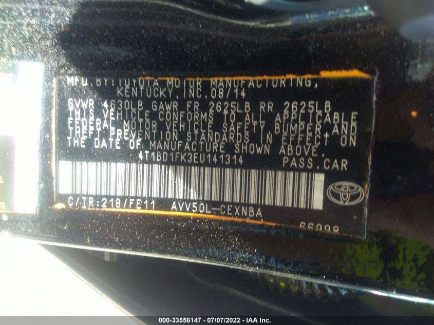 2014 TOYOTA CAMRY HYBRID LE/XLE/SE LIMITED EDITION 4T1BD1FK3EU141314