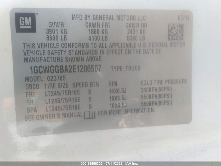 2014 CHEVROLET EXPRESS CARGO VAN 1GCWGGBA2E1206507