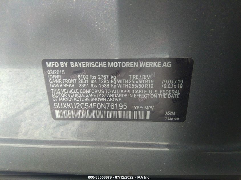 2015 BMW X6 XDRIVE35I 5UXKU2C54F0N76195