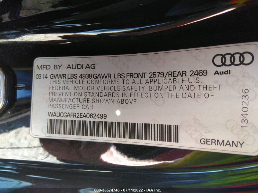 2014 AUDI S5 PREMIUM PLUS WAUCGAFR2EA062499
