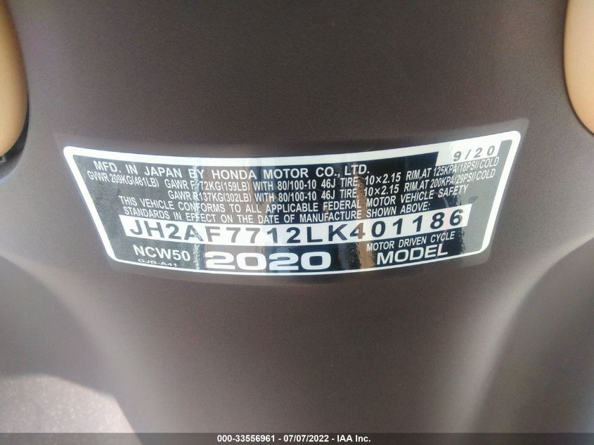 2020 HONDA NCW50 JH2AF7712LK401186