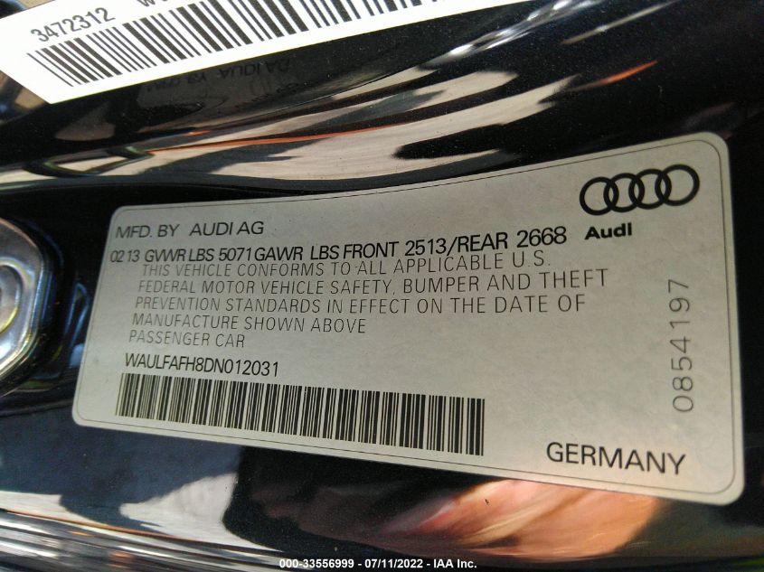 2013 AUDI A5 PREMIUM PLUS WAULFAFH8DN012031