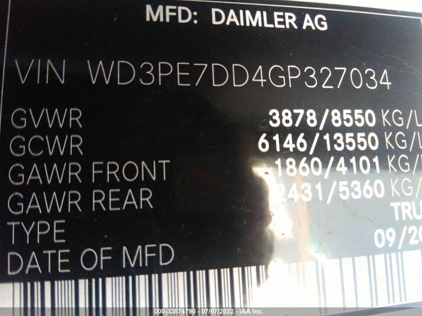 2016 MERCEDES-BENZ SPRINTER CARGO VANS WORKER WD3PE7DD4GP327034