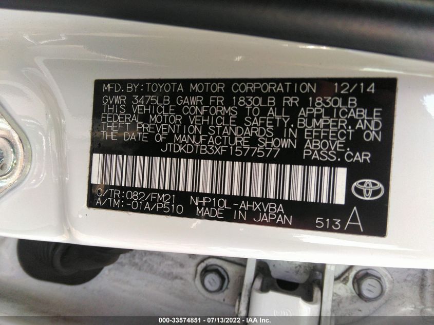 2015 TOYOTA PRIUS C ONE/TWO/THREE/FOUR JTDKDTB3XF1577577