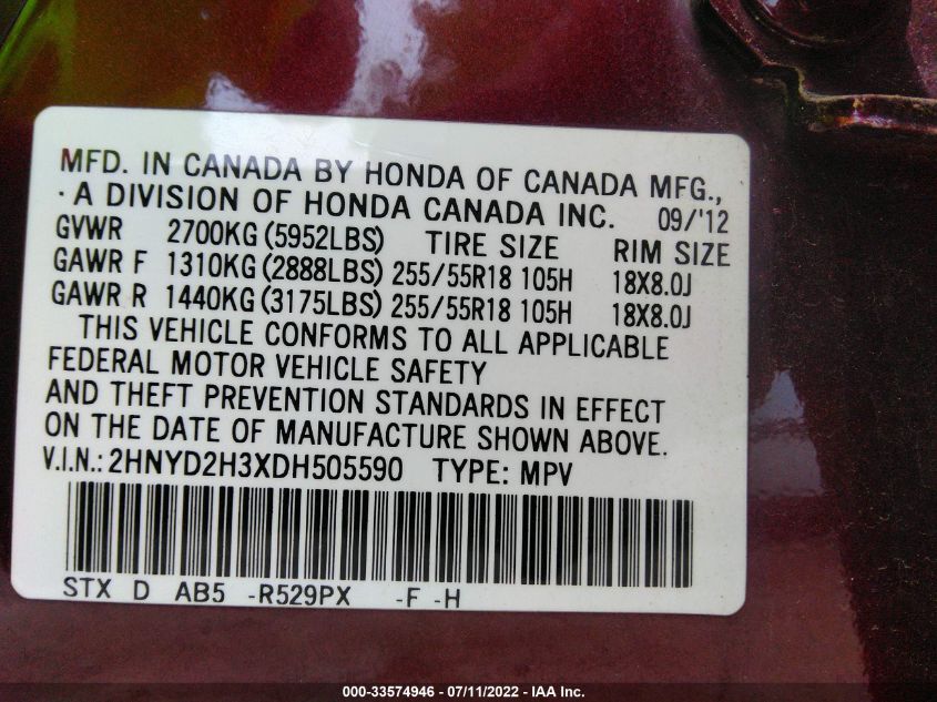 2013 ACURA MDX TECH PKG 2HNYD2H3XDH505590