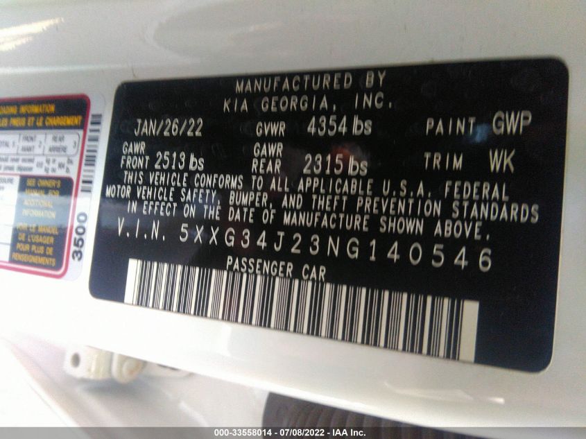 2022 KIA K5 EX 5XXG34J23NG140546