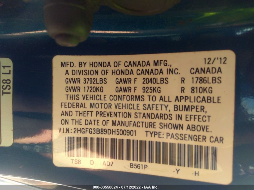 2013 HONDA CIVIC CPE EX 2HGFG3B89DH500901