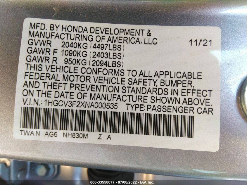2022 HONDA ACCORD HYBRID SPORT 1HGCV3F2XNA000535