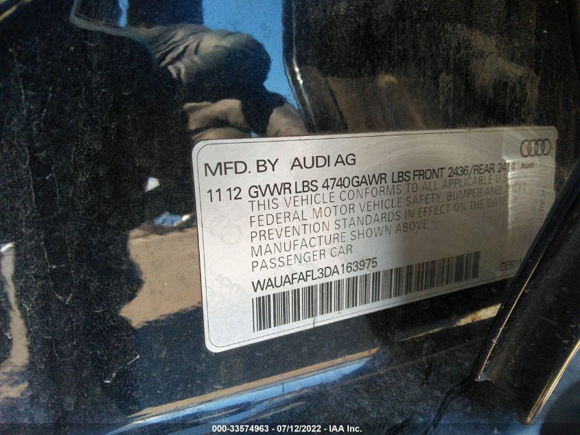 2013 AUDI A4 PREMIUM WAUAFAFL3DA163975