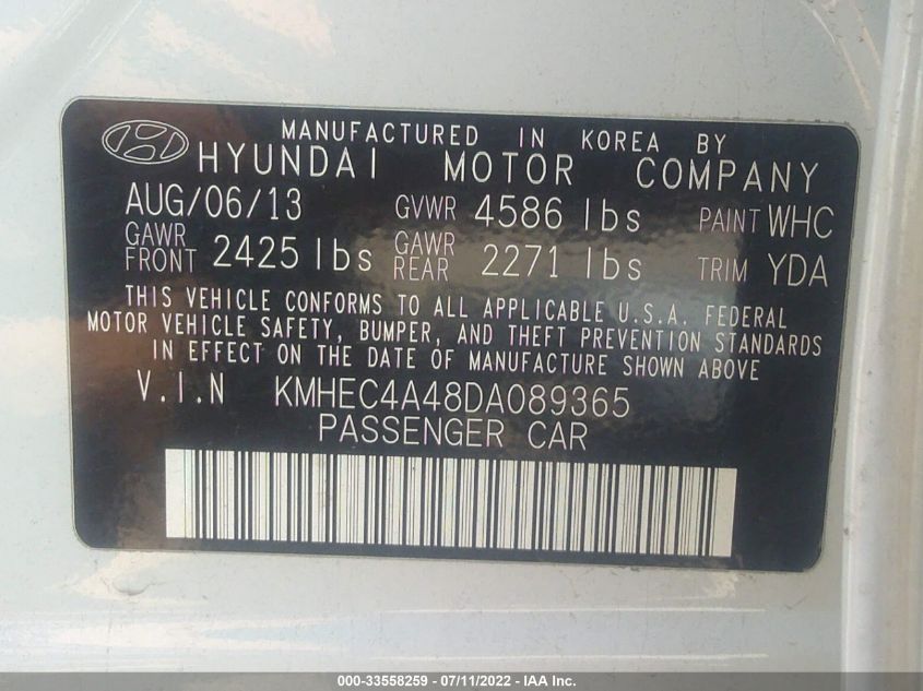 2013 HYUNDAI SONATA HYBRID LIMITED KMHEC4A48DA089365
