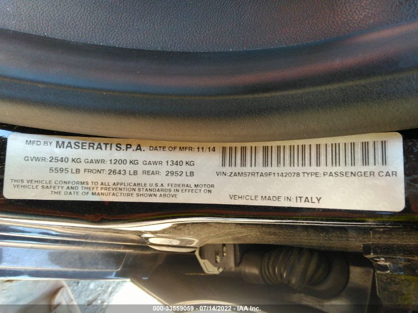 2015 MASERATI GHIBLI S Q4 ZAM57RTA9F1142078