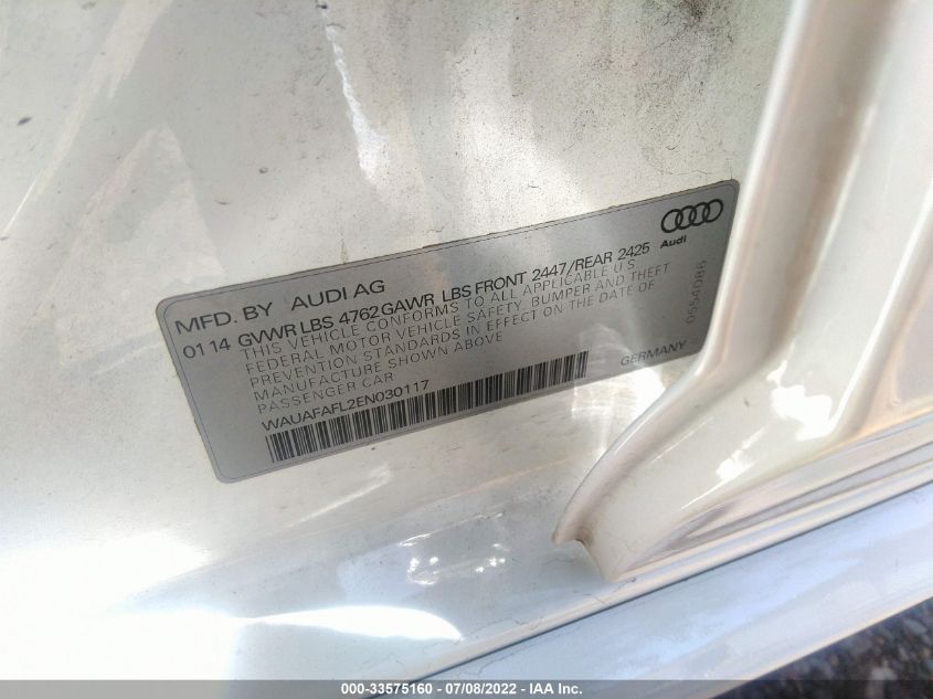 2014 AUDI A4 PREMIUM WAUAFAFL2EN030117