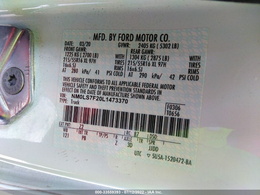 2020 FORD TRANSIT CONNECT VAN XLT NM0LS7F20L1473370