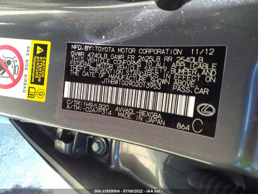 2013 LEXUS ES 300H 300H JTHBW1GG9D2013953
