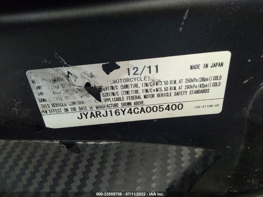 2012 YAMAHA YZFR6 C JYARJ16Y4CA005400