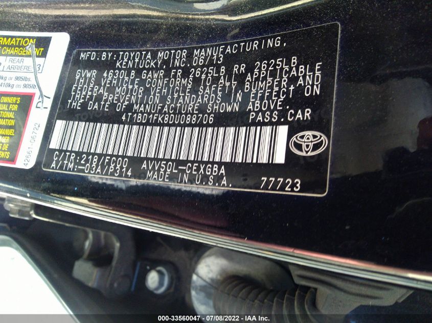 2013 TOYOTA CAMRY HYBRID HYBRID/LE/XLE 4T1BD1FK8DU088706