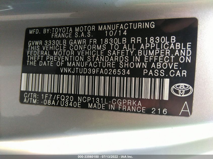 2015 TOYOTA YARIS L/LE VNKJTUD39FA026534