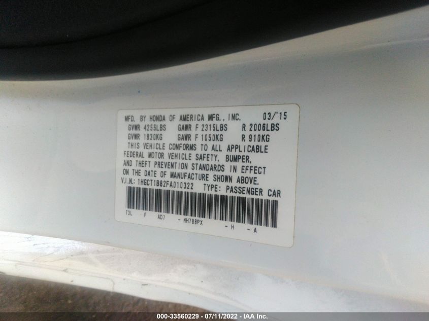 2015 HONDA ACCORD COUPE EX-L 1HGCT1B82FA010322