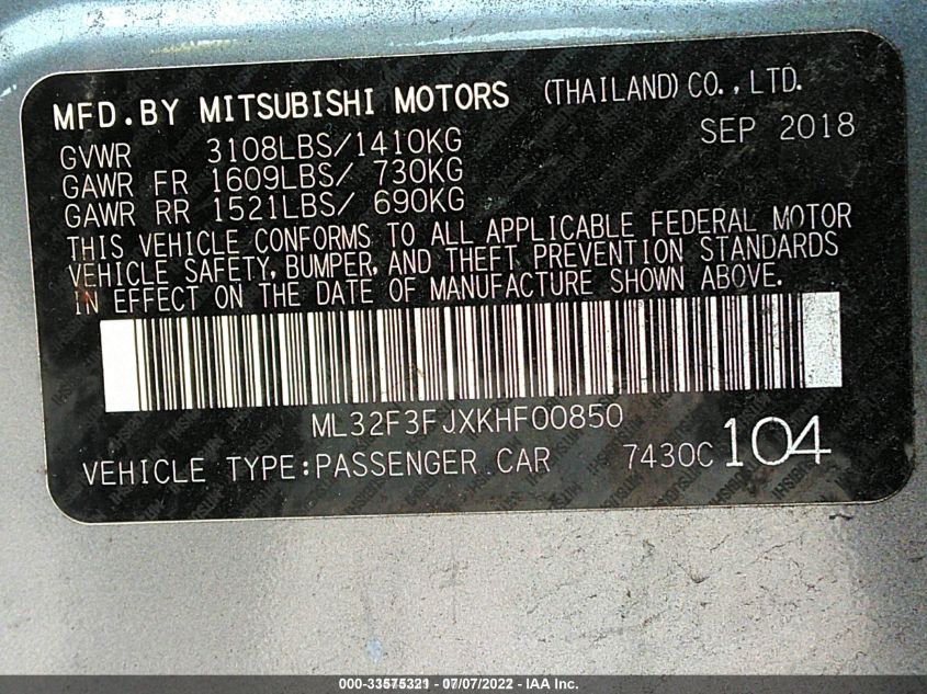 2019 MITSUBISHI MIRAGE G4 ES/RF ML32F3FJXKHF00850