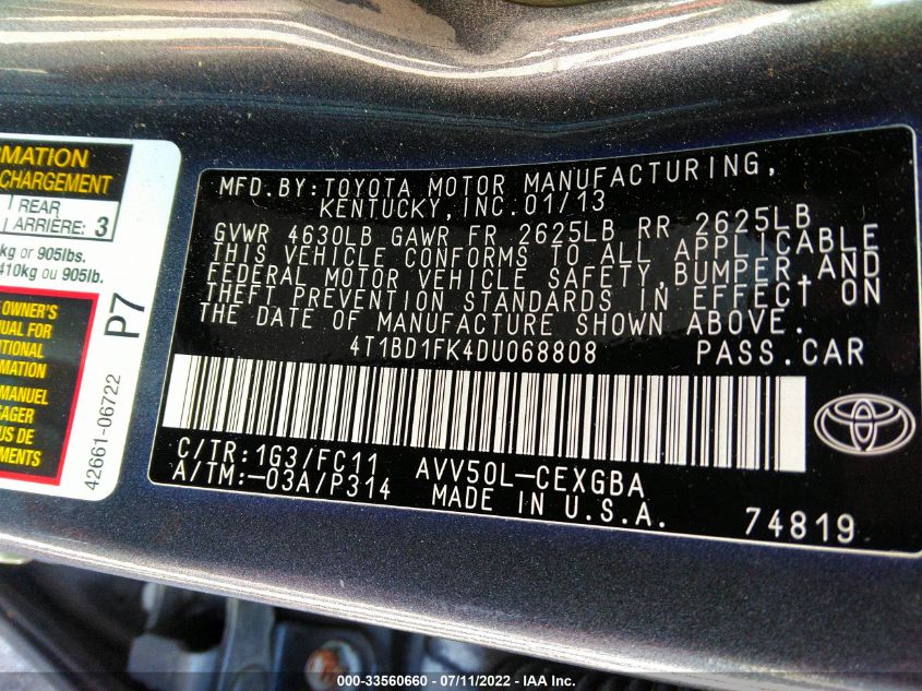 2013 TOYOTA CAMRY HYBRID LE/XLE 4T1BD1FK4DU068808