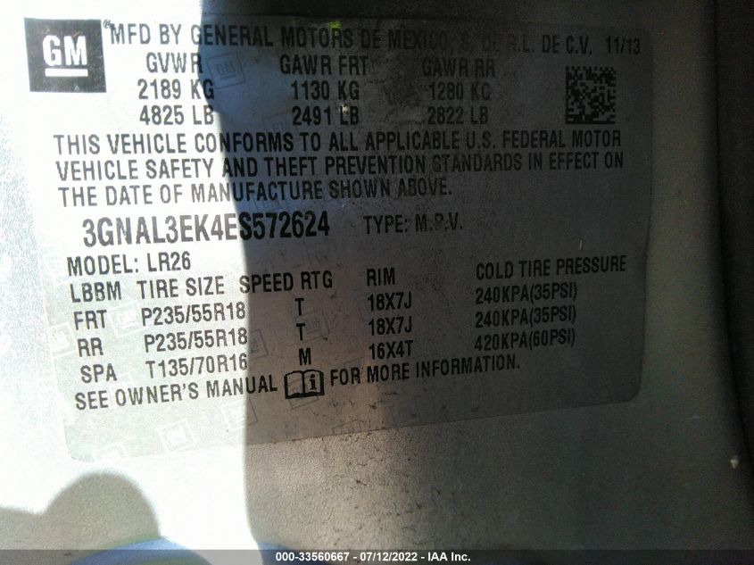 2014 CHEVROLET CAPTIVA SPORT FLEET LT 3GNAL3EK4ES572624