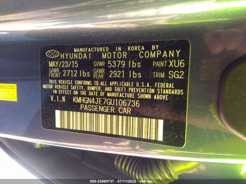 2016 HYUNDAI GENESIS 3.8L KMHGN4JE7GU106736