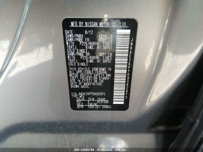 2013 NISSAN QUEST SV JN8AE2KP7D9062870