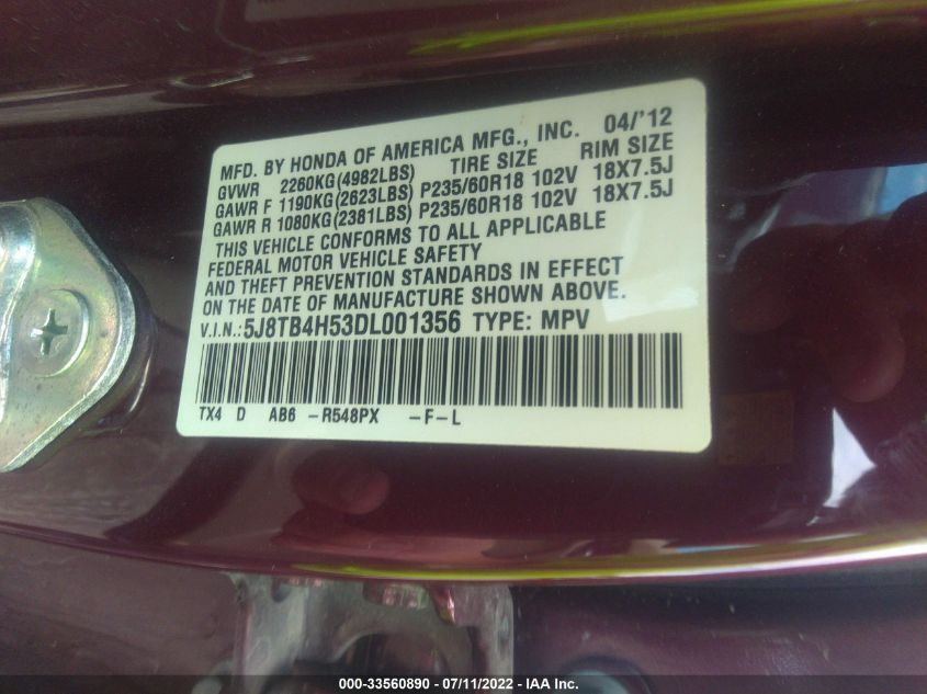 2013 ACURA RDX TECH PKG 5J8TB4H53DL001356