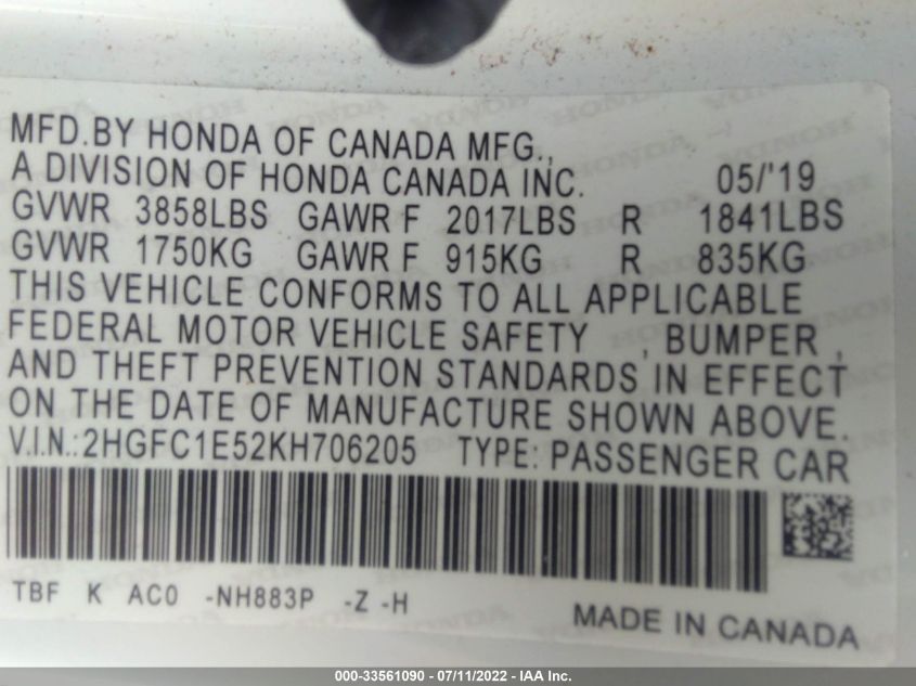 2019 HONDA CIVIC SI SEDAN 2HGFC1E52KH706205