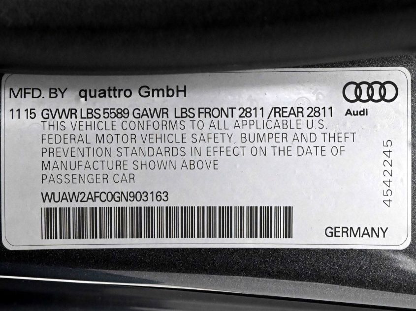 2016 AUDI RS 7 PRESTIGE WUAW2AFC0GN903163