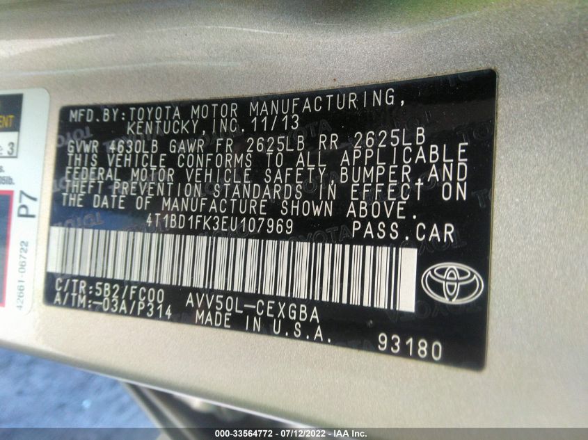 2014 TOYOTA CAMRY HYBRID LE/XLE/SE LIMITED EDITION 4T1BD1FK3EU107969
