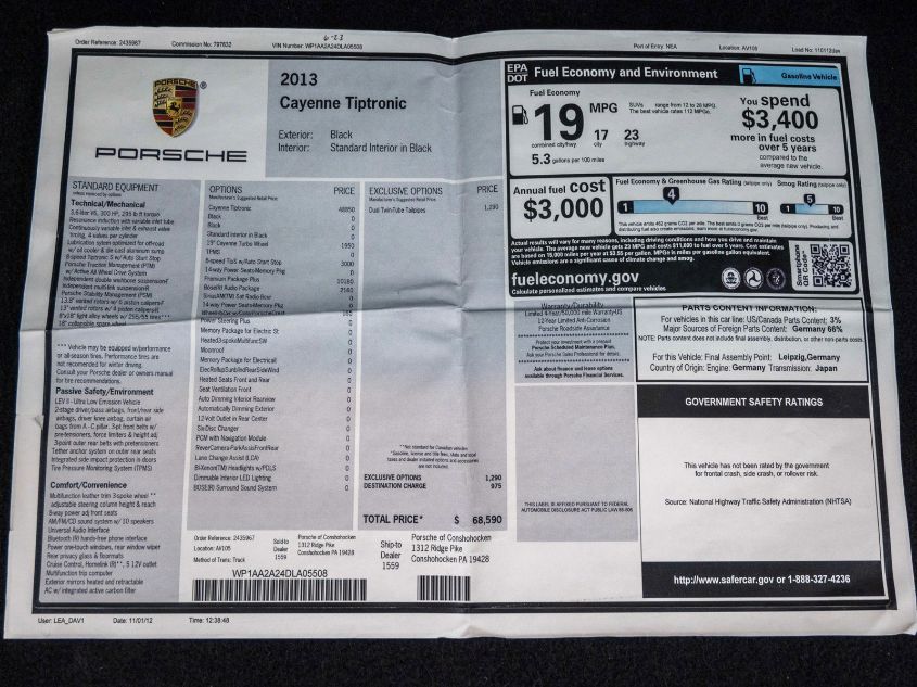 2013 PORSCHE CAYENNE WP1AA2A24DLA05508