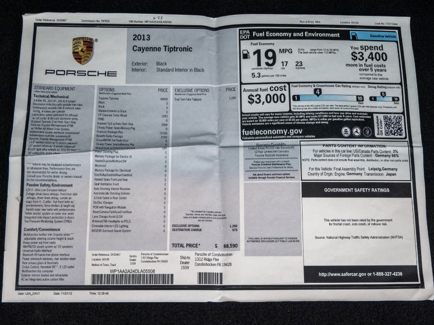 2013 PORSCHE CAYENNE WP1AA2A24DLA05508