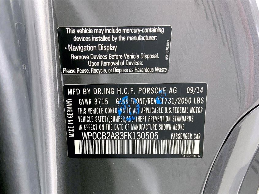 2015 PORSCHE BOXSTER S/GTS WP0CB2A83FK130505