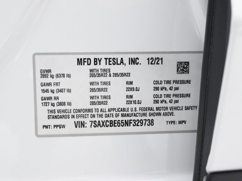 2022 TESLA MODEL X PLAID 7SAXCBE65NF329738