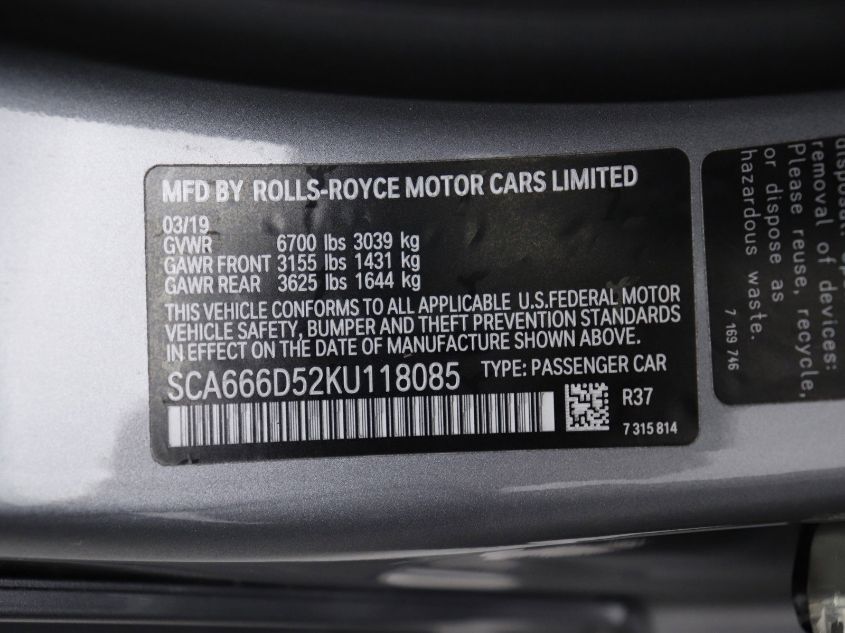 2019 ROLLS-ROYCE DAWN SCA666D52KU118085