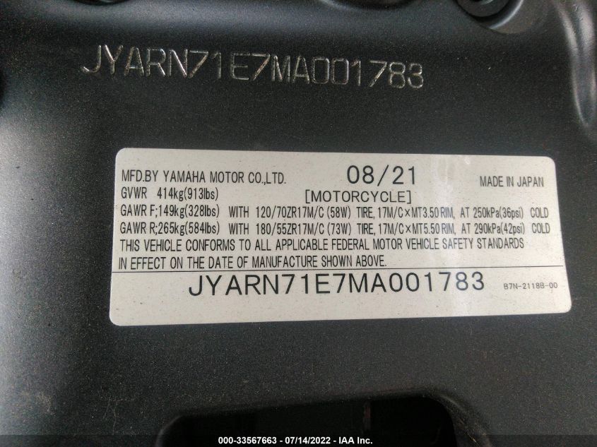 2021 YAMAHA MT09 JYARN71E7MA001783