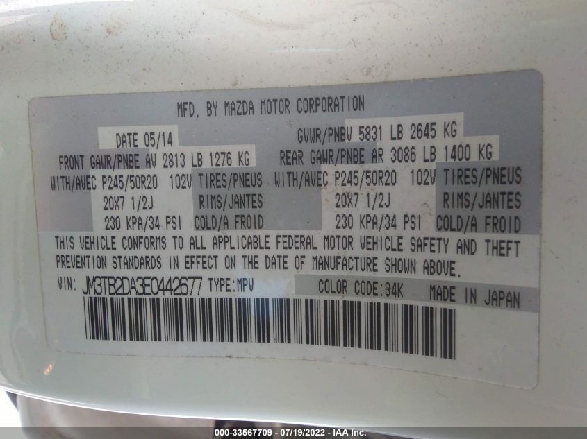 2014 MAZDA CX-9 GRAND TOURING JM3TB2DA3E0442677
