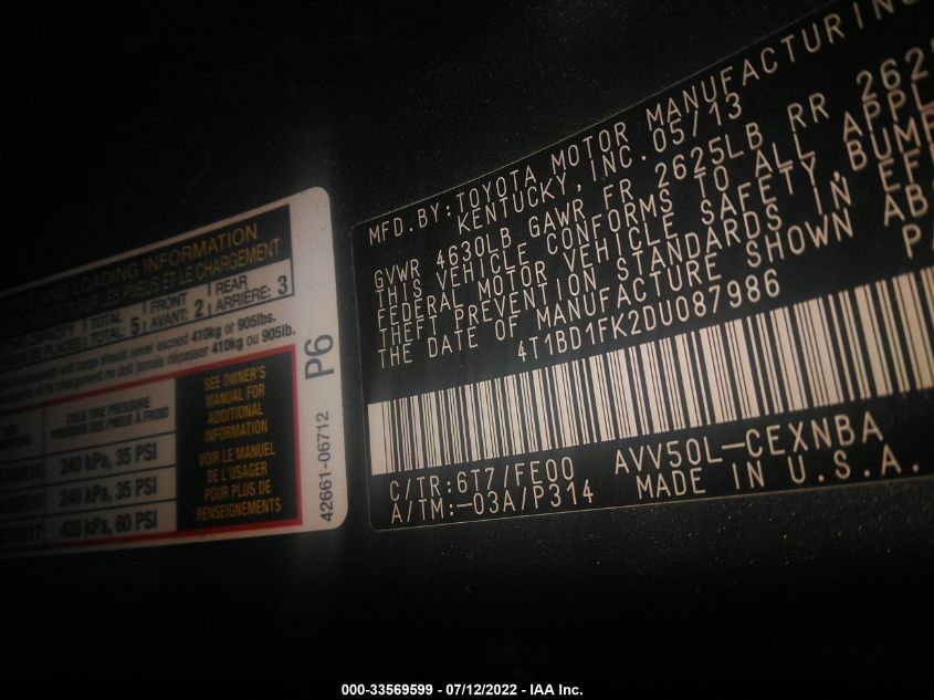 2013 TOYOTA CAMRY HYBRID LE/XLE 4T1BD1FK2DU087986