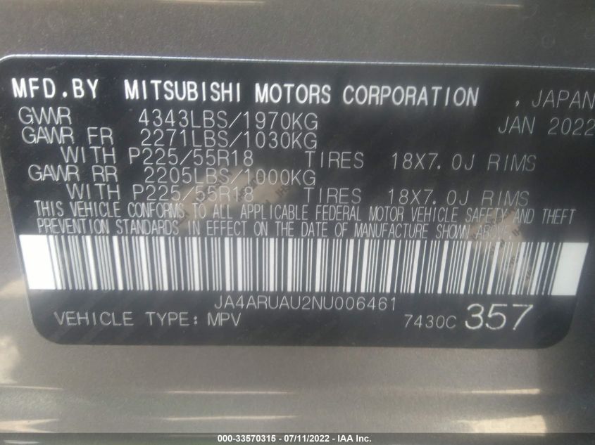 2022 MITSUBISHI OUTLANDER SPORT ES/LE/SE JA4ARUAU2NU006461
