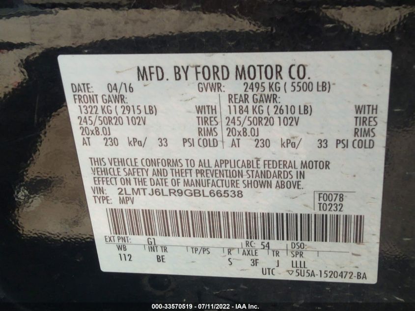 2016 LINCOLN MKX RESERVE 2LMTJ6LR9GBL66538