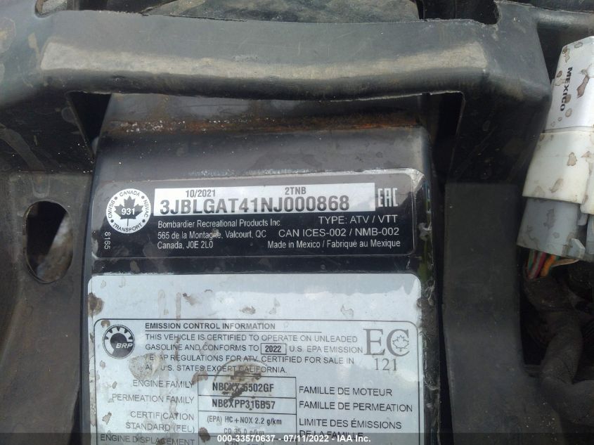 2022 CAN-AM OUTLANDER 570/570 DPS 3JBLGAT41NJ000868