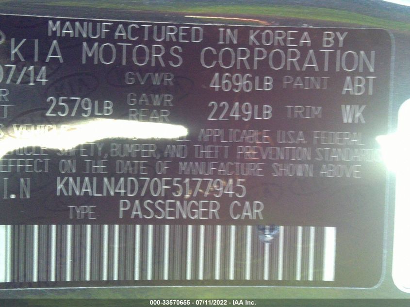 2015 KIA CADENZA PREMIUM KNALN4D70F5177945