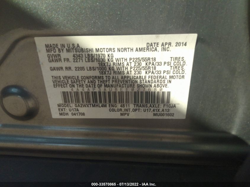 2014 MITSUBISHI OUTLANDER SPORT ES 4A4AP3AU8EE027680